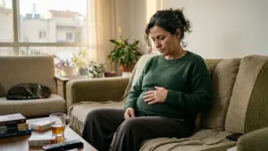 אישה ישראלית בודקת בטן נפוחה בצורה מסודרת