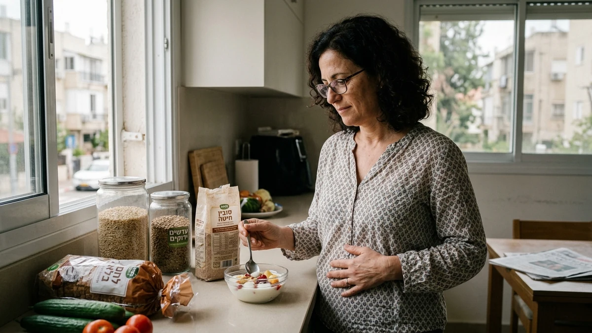 אישה ישראלית בודקת סיבים תזונתיים בצורה מסודרת