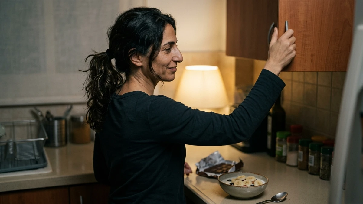 אישה במטבח בערב מול חשק למתוק בלי שיפוט