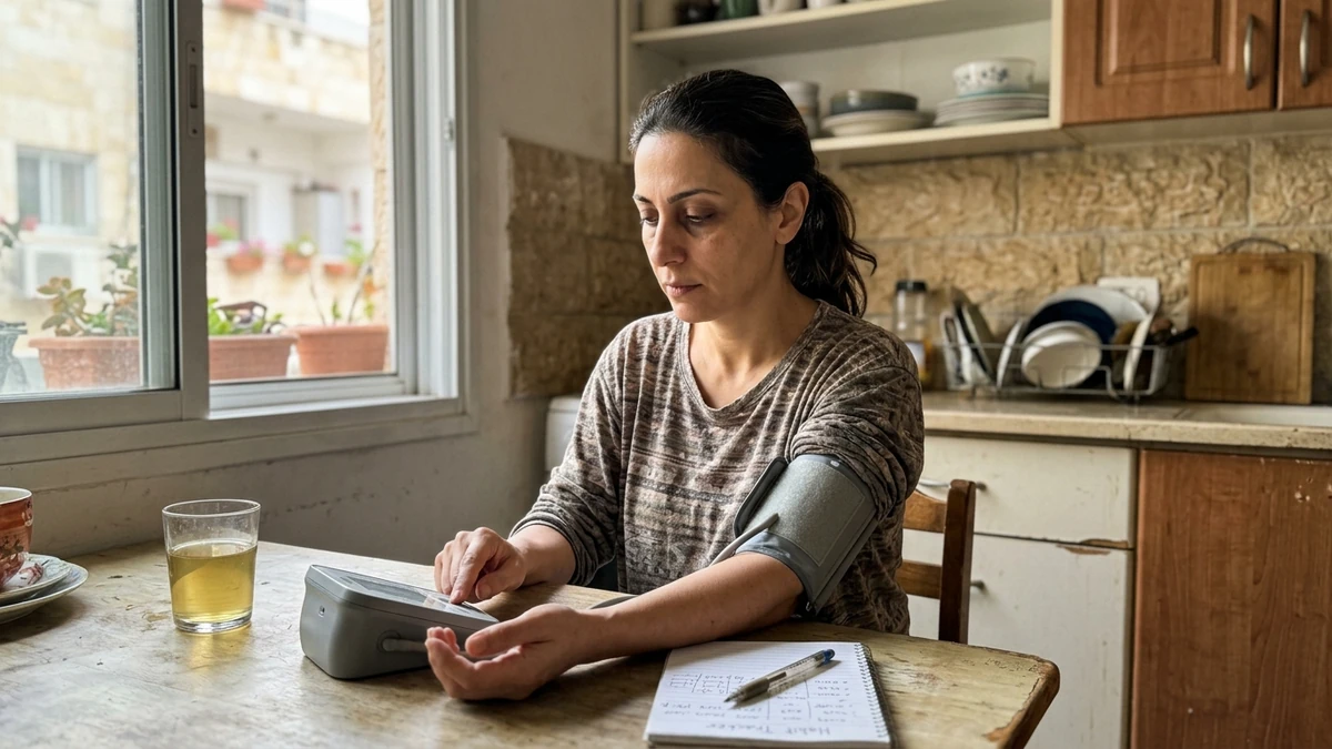אישה בודקת לחץ דם ויומן בריאות בגיל המעבר