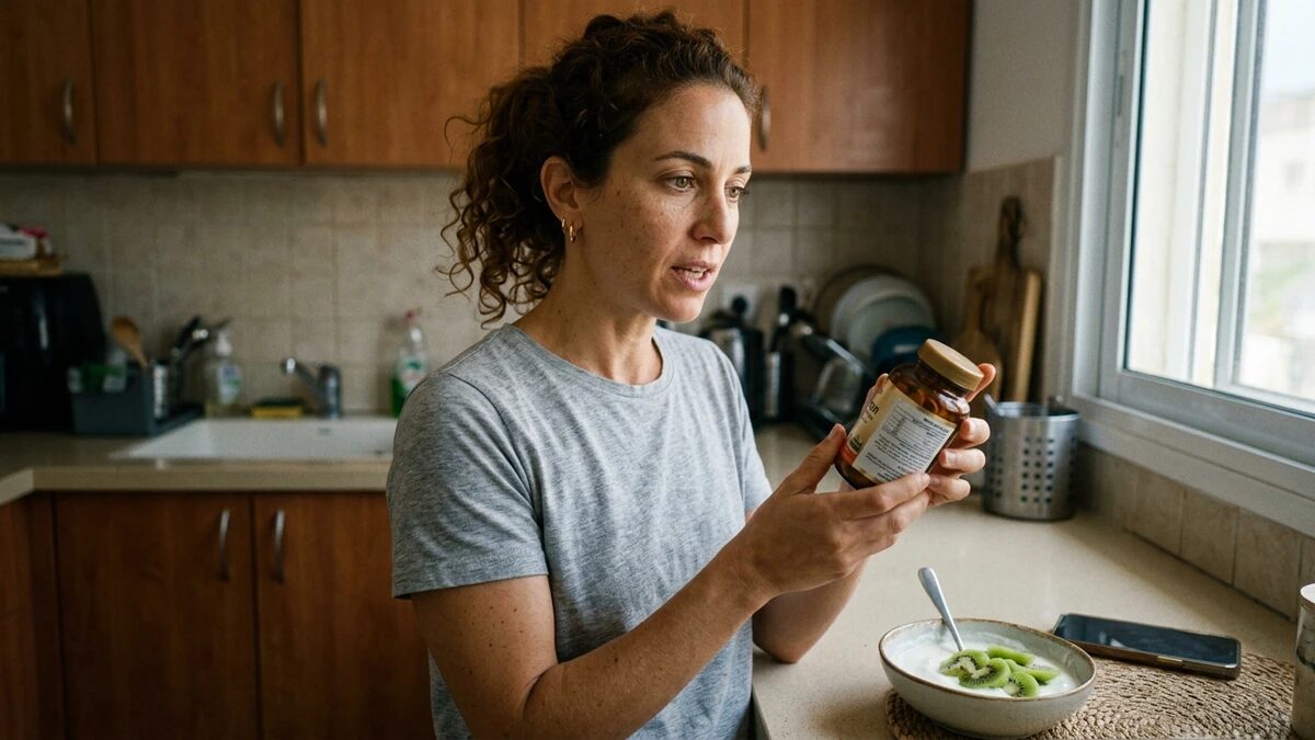 אישה קוראת תווית תוסף פרוביוטיקה במטבח