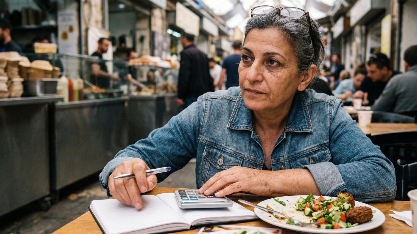 אישה מחשבת צרכי קלוריות במחברת ריקה בלי אובססיה