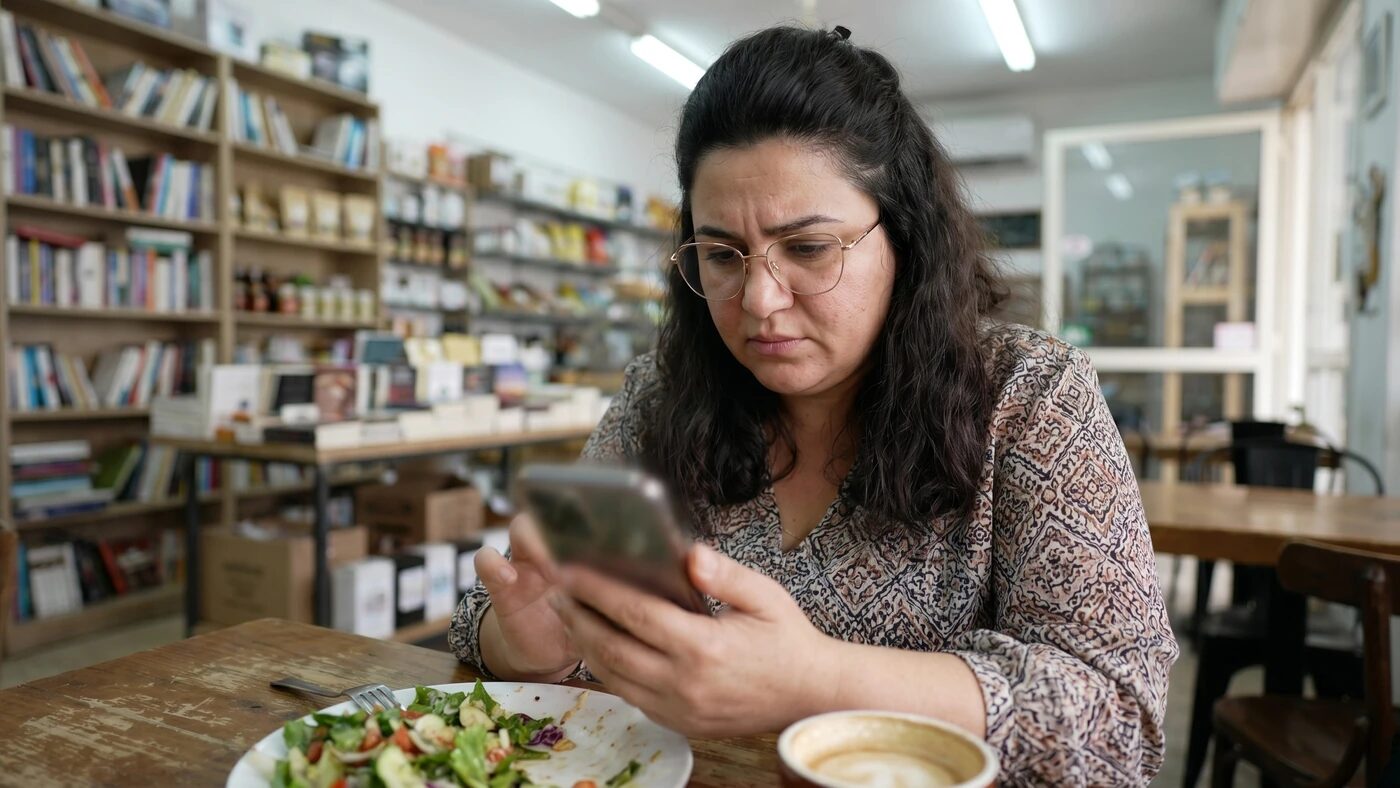 אישה בוחנת אפליקציה לספירת קלוריות בלי שהמעקב ישתלט