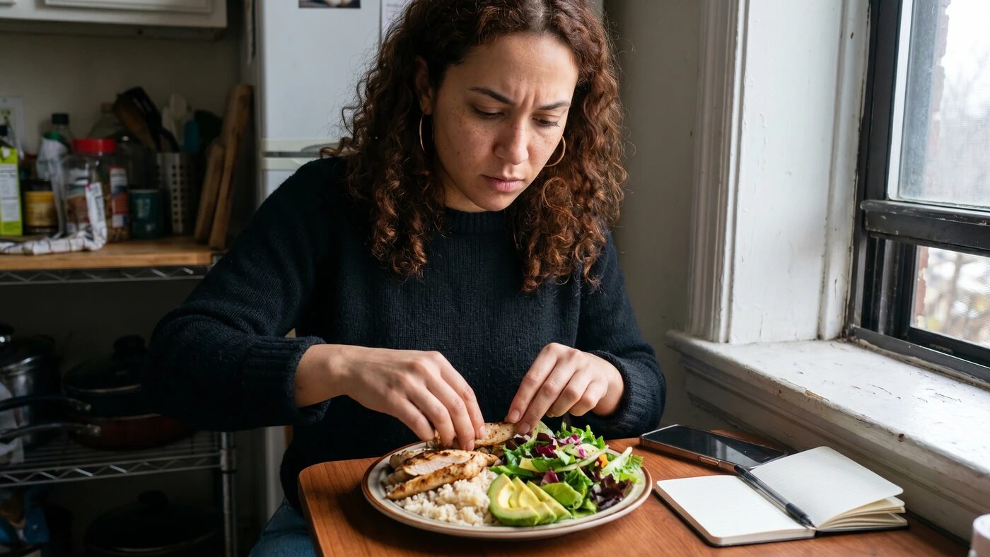 אישה מחלקת ארוחה לחלבון פחמימה ושומן בלי טבלאות על המסך