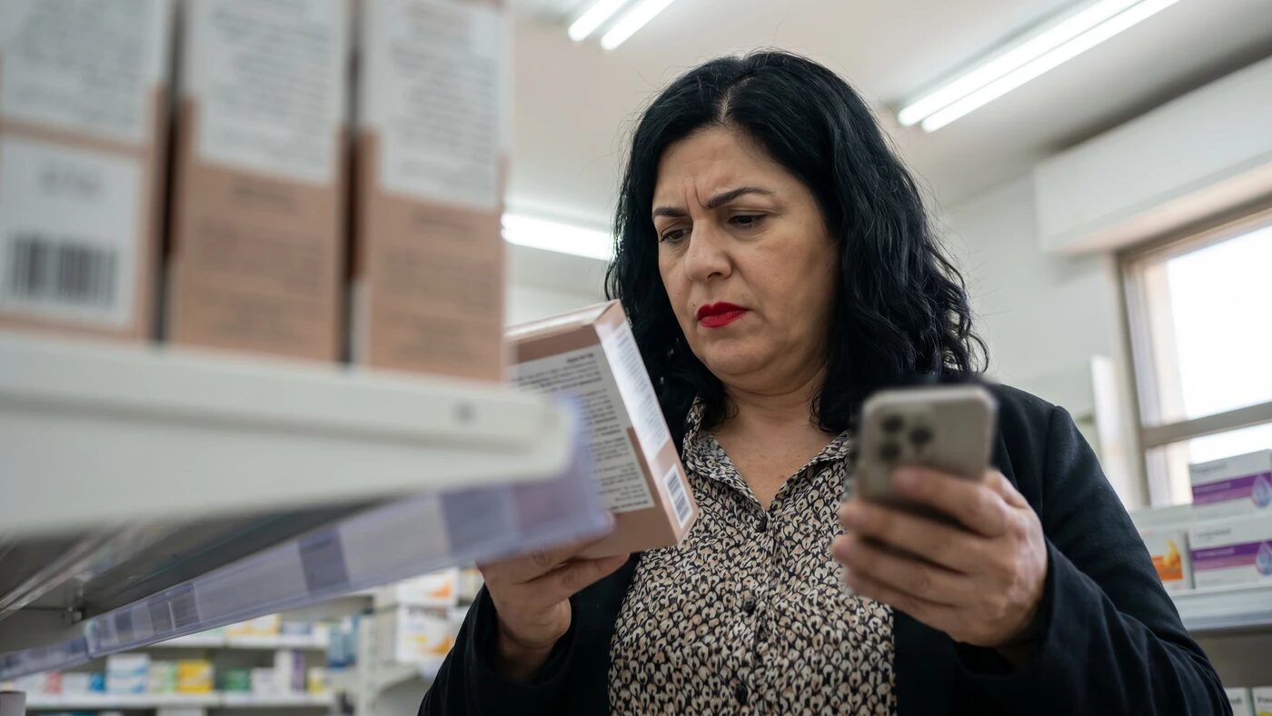 אישה בודקת תוספים לירידה במשקל בבית מרקחת לפני קנייה
