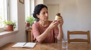 דמות אישה בדיונית בחולצה כתומה בוחנת בקבוק תוסף ללא מותג ליד שולחן, המחשה שנוצרה בבינה מלאכותית