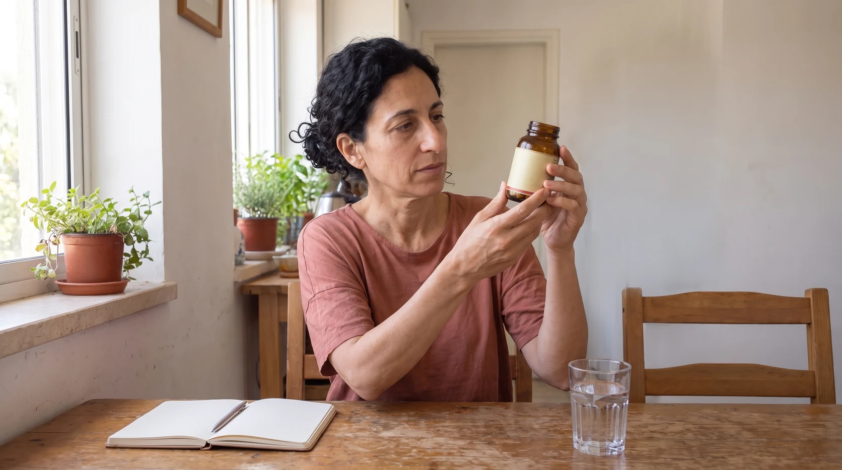 דמות אישה בדיונית בחולצה כתומה בוחנת בקבוק תוסף ללא מותג ליד שולחן, המחשה שנוצרה בבינה מלאכותית