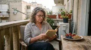 אישה ישראלית מבוגרת קוראת במרפסת לצד פירות יער ואגוזים, איור מערכתי