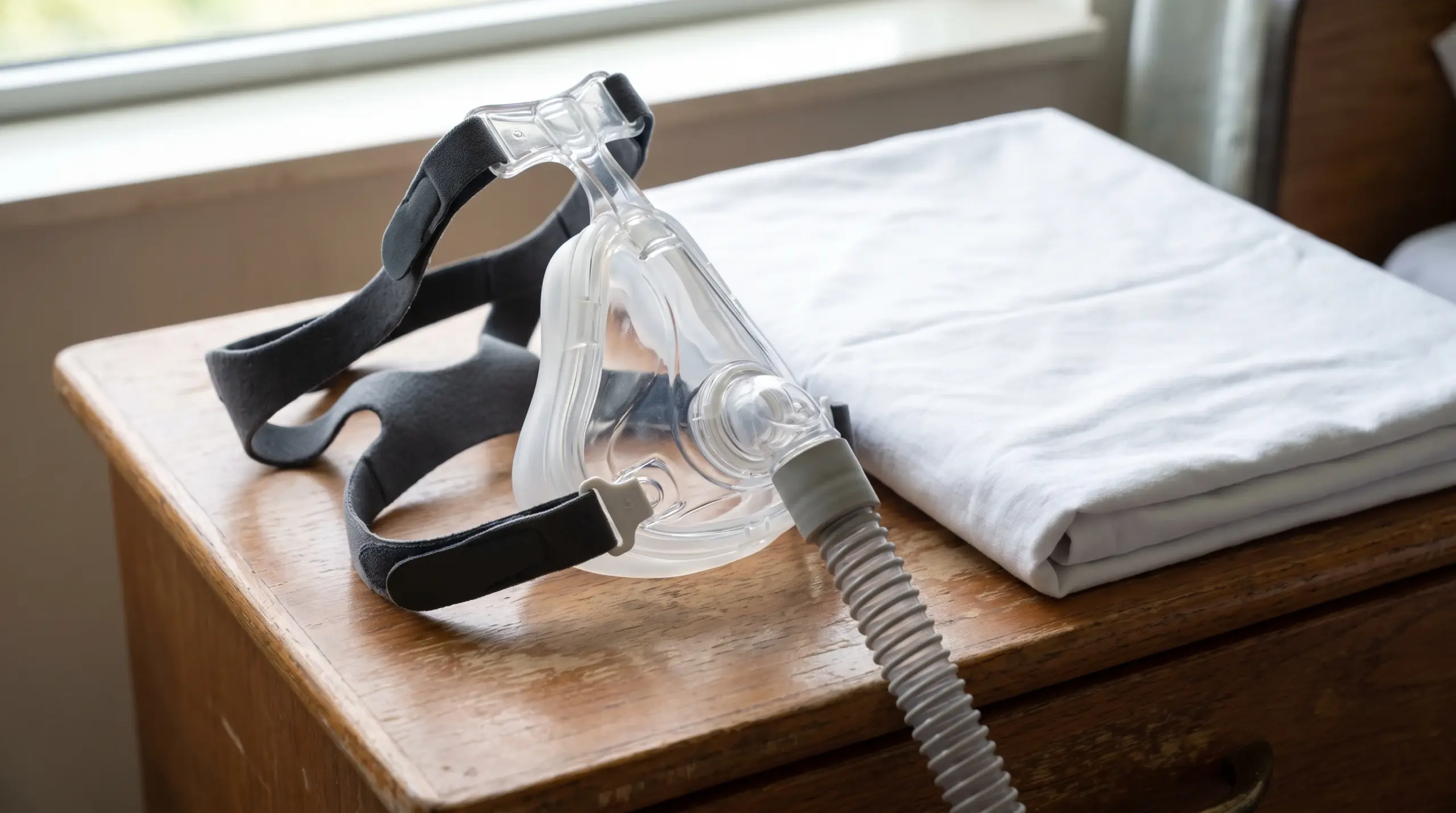 מסכת CPAP ורצועות על שולחן במרפאה, תמונת המחשה שנוצרה בבינה מלאכותית