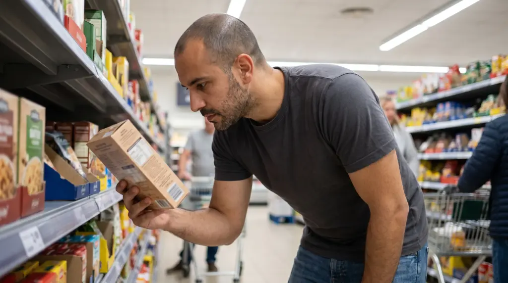 גבר בודק את גב אריזת המזון ליד מדף בסופרמרקט