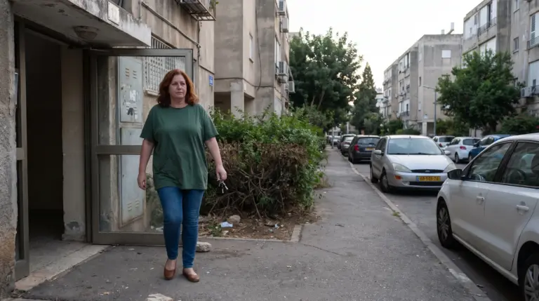 אישה יוצאת מבניין מגורים להליכה נינוחה בשכונה, תמונת המחשה שנוצרה בבינה מלאכותית