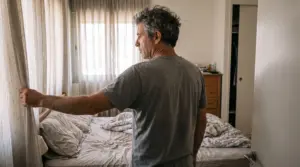 גבר פותח את וילונות חדר השינה בבוקר, ליד מיטה לא מסודרת